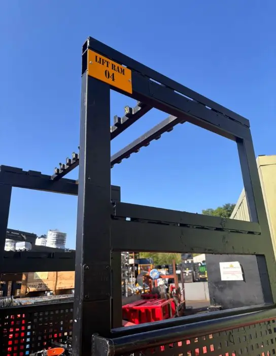 Ram stillage unit before proof load testing, rated for 240kg per hook. Industrial Lifting Ltd UK.