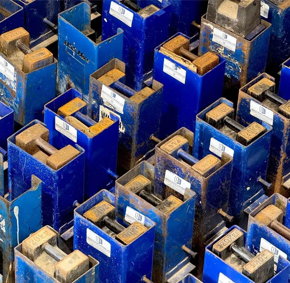 Blue test weights in organised rows