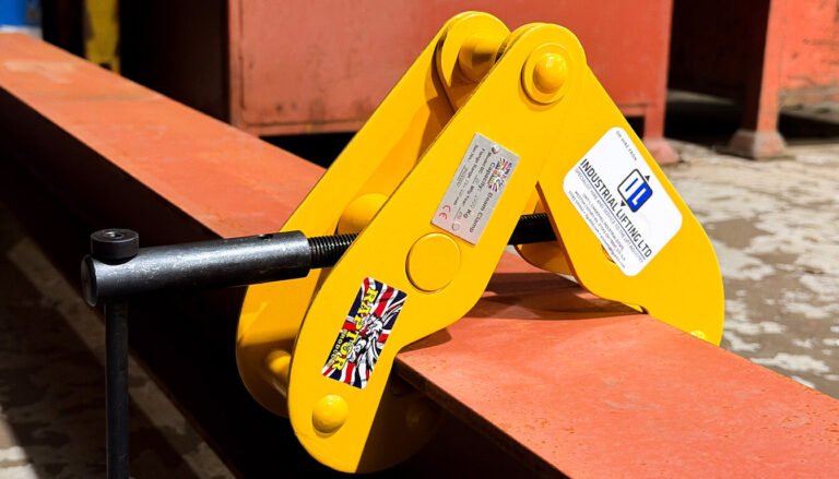 Yellow beam clamp on steel beam