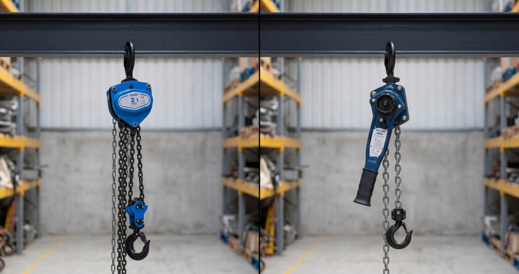 chain-block-vs-lever-hoist-chain-block-and-lever-hoist-hanging-from-i-beam