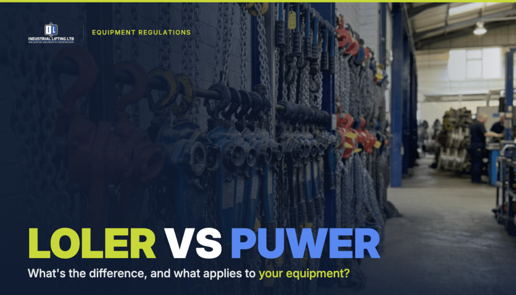 Industrial Lifting workshop racks of lifting equipment, subject to both LOLER and PUWER inspections.