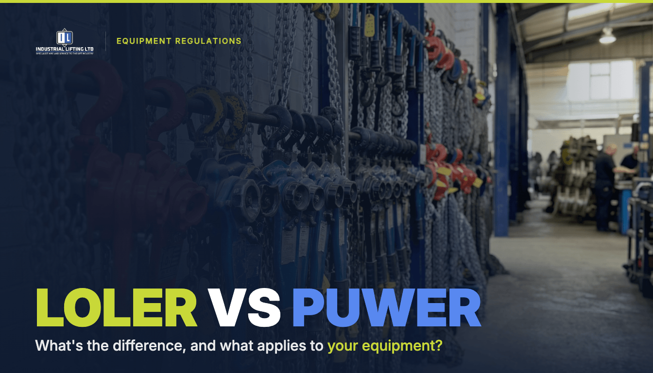 Industrial Lifting workshop racks of lifting equipment, subject to both LOLER and PUWER inspections.