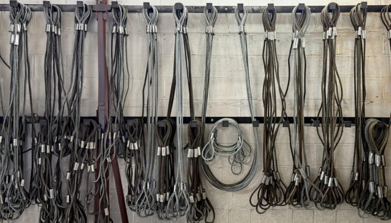 Wire rope slings hanging at Industrial Lifting, awaiting a LOLER inspection for lifting accessories.