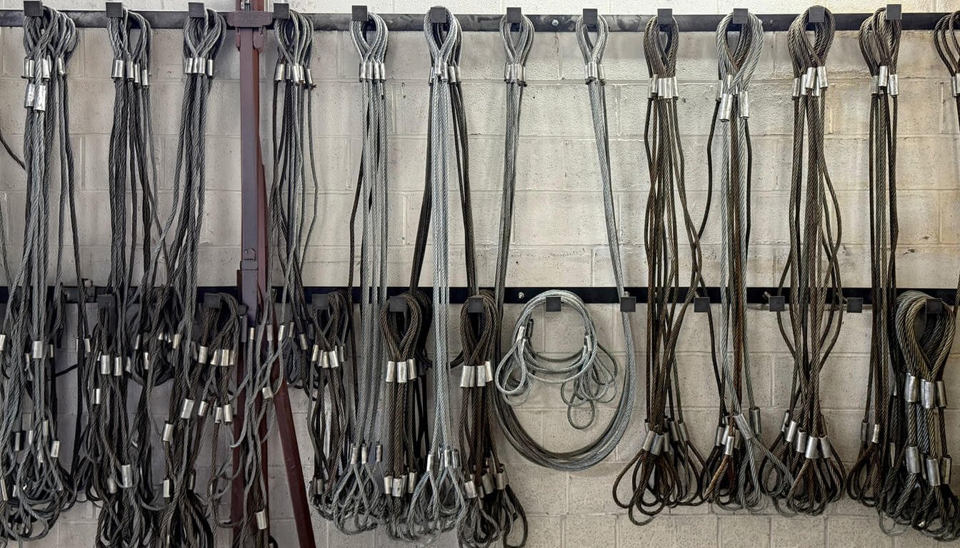 Wire rope slings hanging at Industrial Lifting, awaiting a LOLER inspection for lifting accessories.
