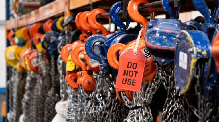 A red "Do Not Use" tag on a chain block, following a failed LOLER inspection at the Industrial Lifting workshop.