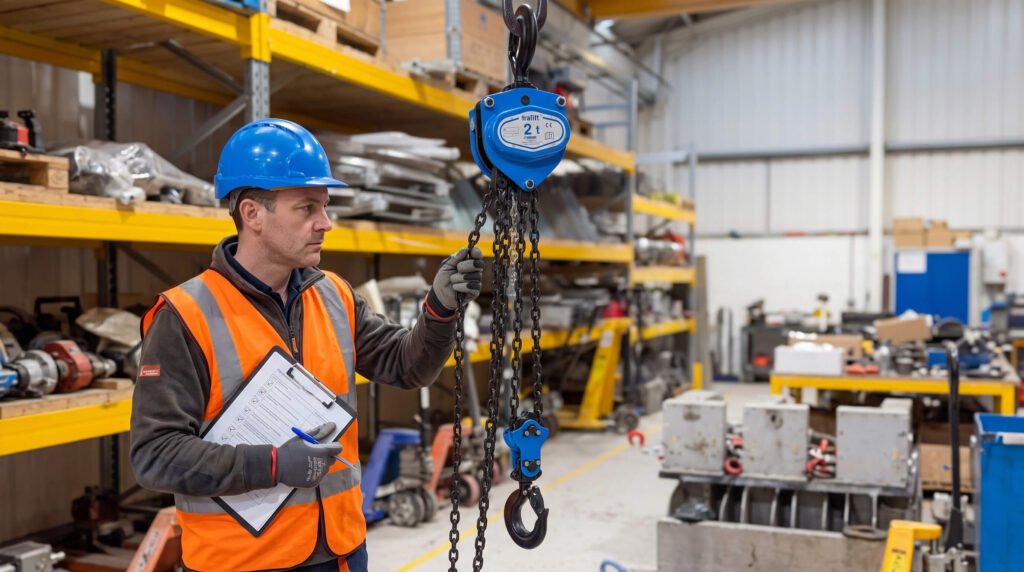 Lifting equipment inspector carrying out a LOLER certificate examination on a chain block