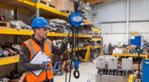 Lifting equipment inspector carrying out a LOLER certificate examination on a chain block