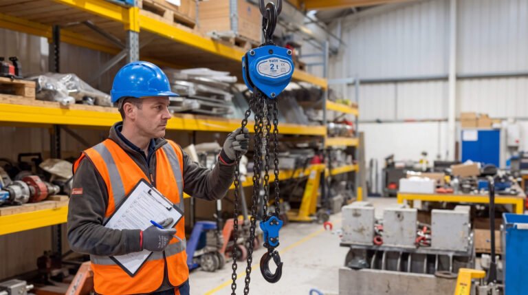 Lifting equipment inspector carrying out a LOLER certificate examination on a chain block