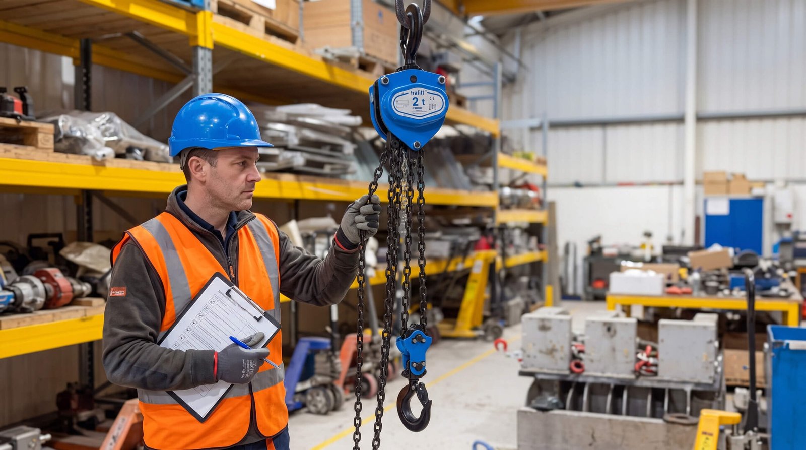 Lifting equipment inspector carrying out a LOLER certificate examination on a chain block