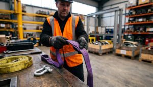 Competent person carrying out a LOLER inspection on lifting slings and shackles